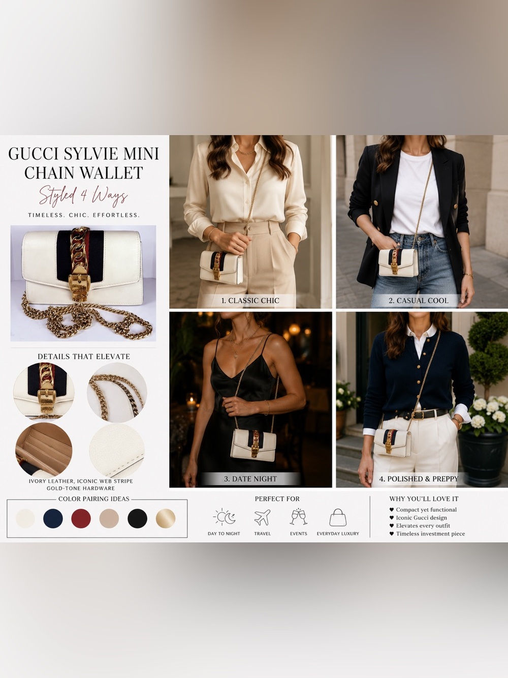 Authentic Gucci Sylvie Mini Chain Wallet Crossbody Ivory Leather Gold Hardware